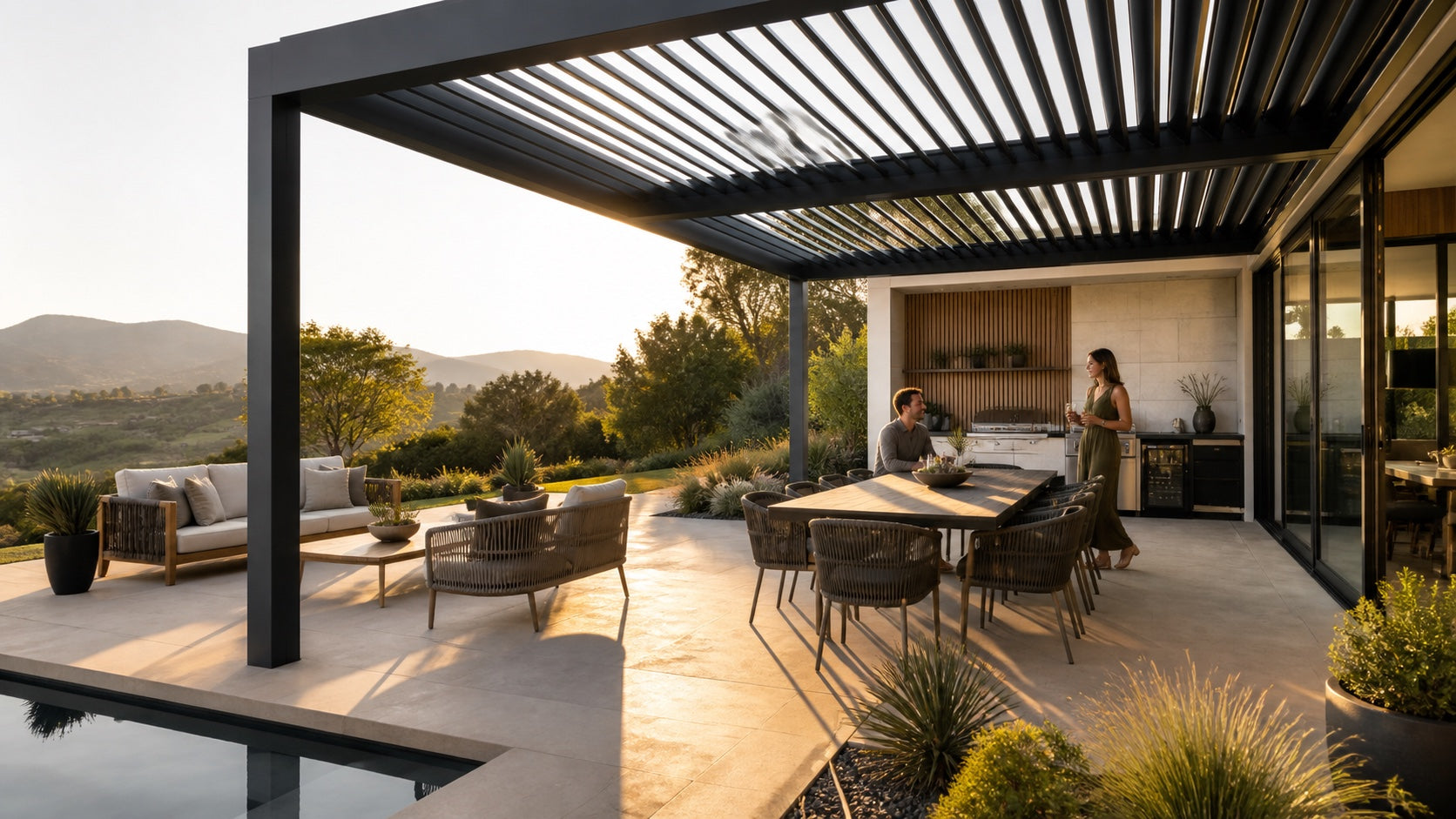 A louvered outdoor room glowing softly at evening