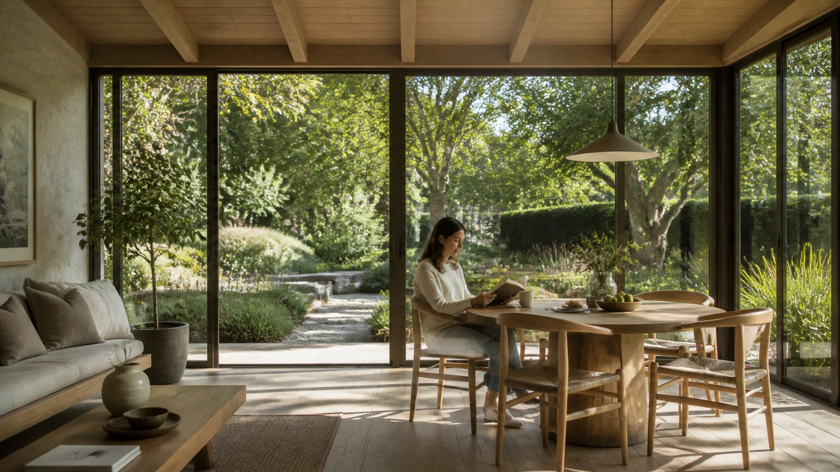 A lived-in light-filled garden room looking through transparent openings to a landscaped garden