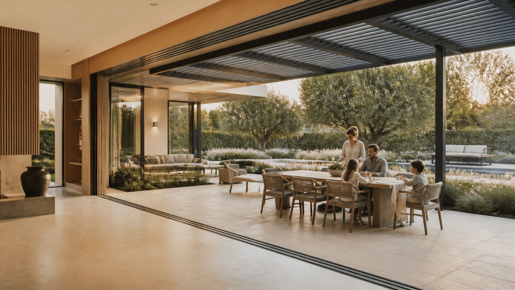A family gathering beneath a custom attached pergola that continues directly from the home into the garden