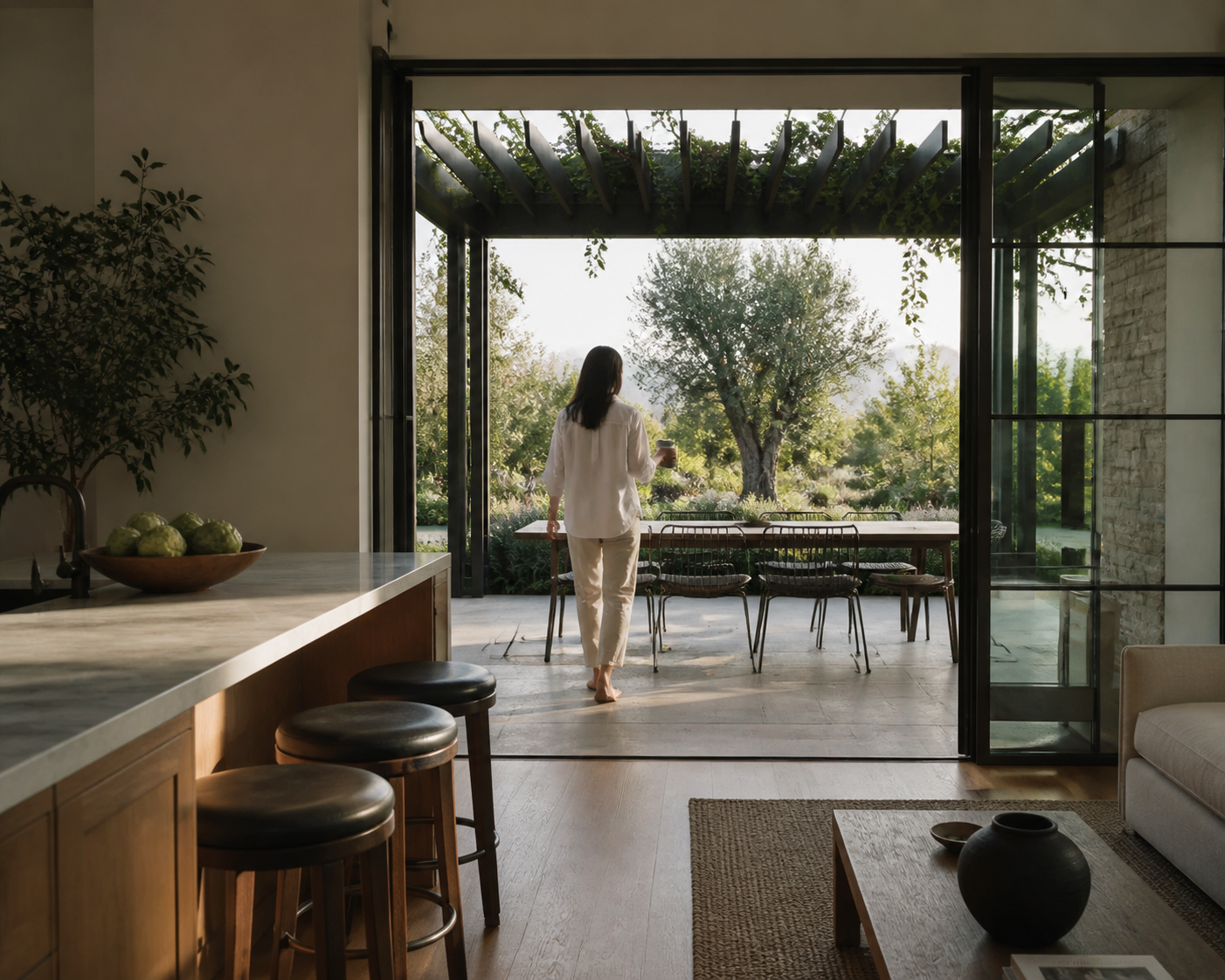 A homeowner carries coffee from the kitchen through the open threshold to the attached garden room