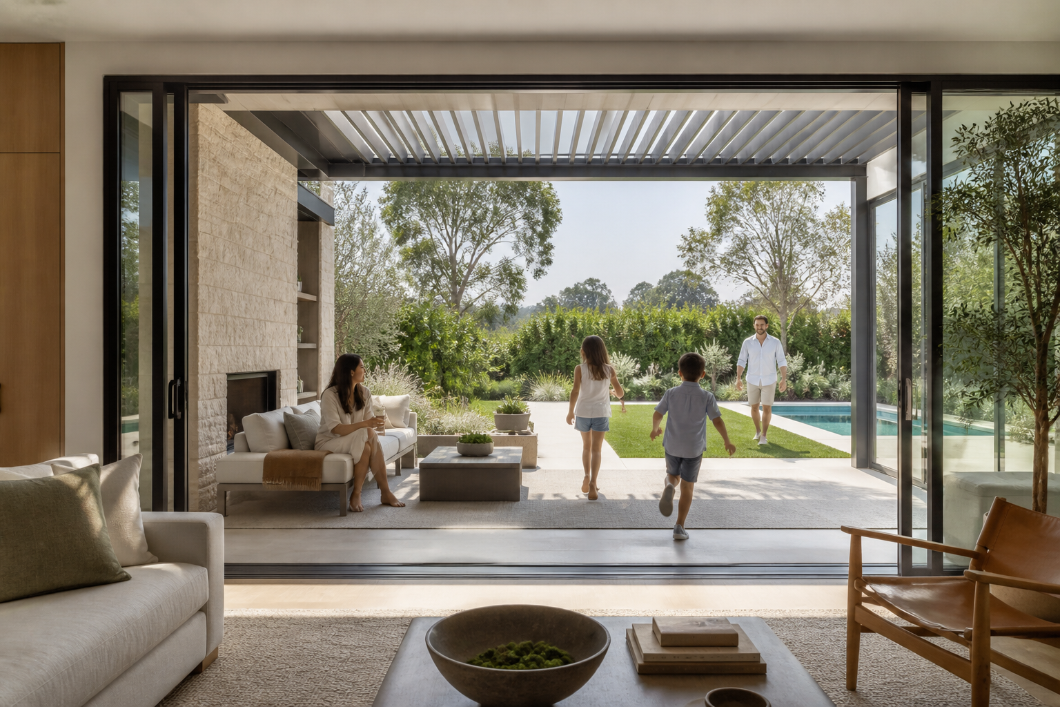 Family life moving between the living room, shaded attached pergola, pool and garden