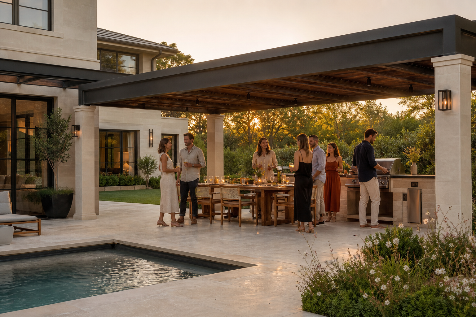 Friends cooking and talking beneath an attached pergola beside the home and pool