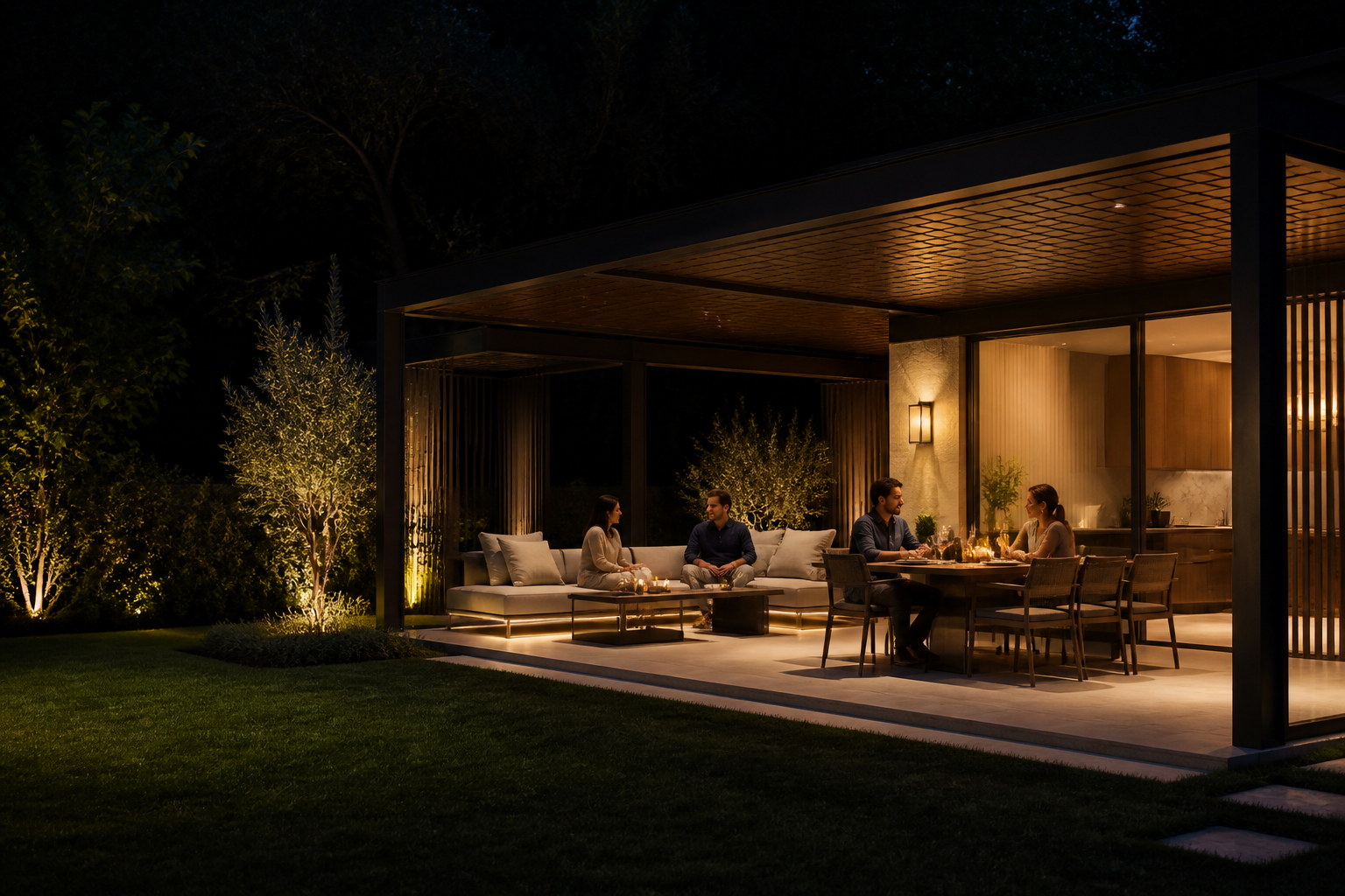 Warm integrated lighting holding an attached outdoor room after dusk