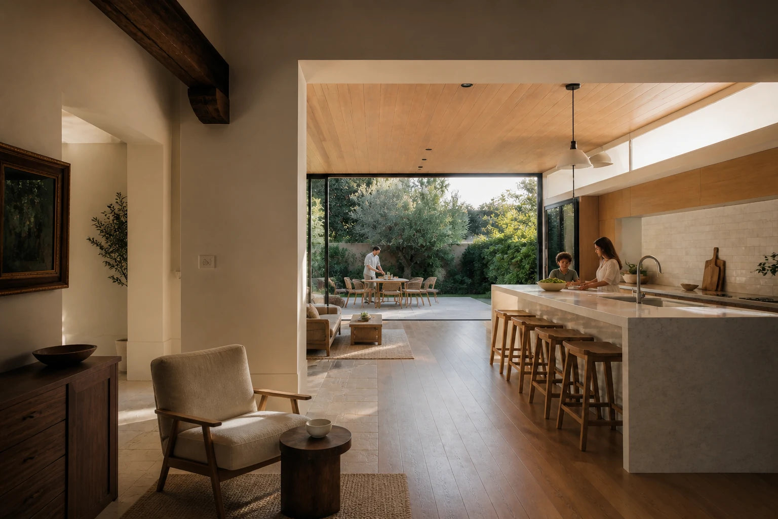 A generous kitchen, dining and family center opening to a lived garden terrace
