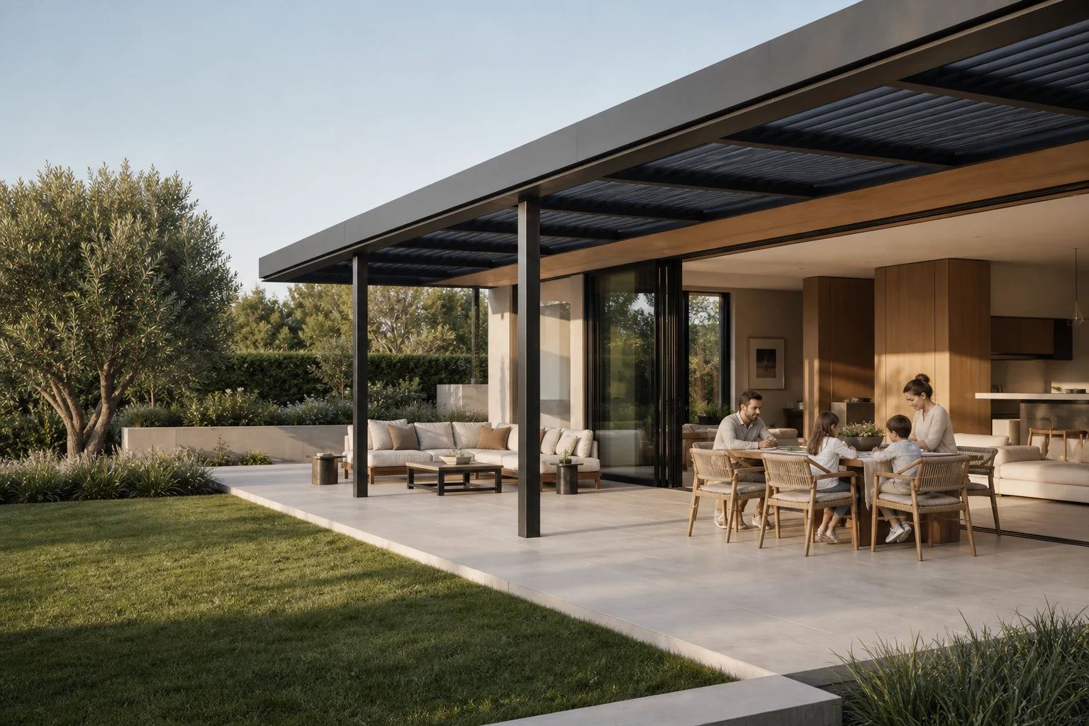 A broad glass opening continuing into one generous attached outdoor room