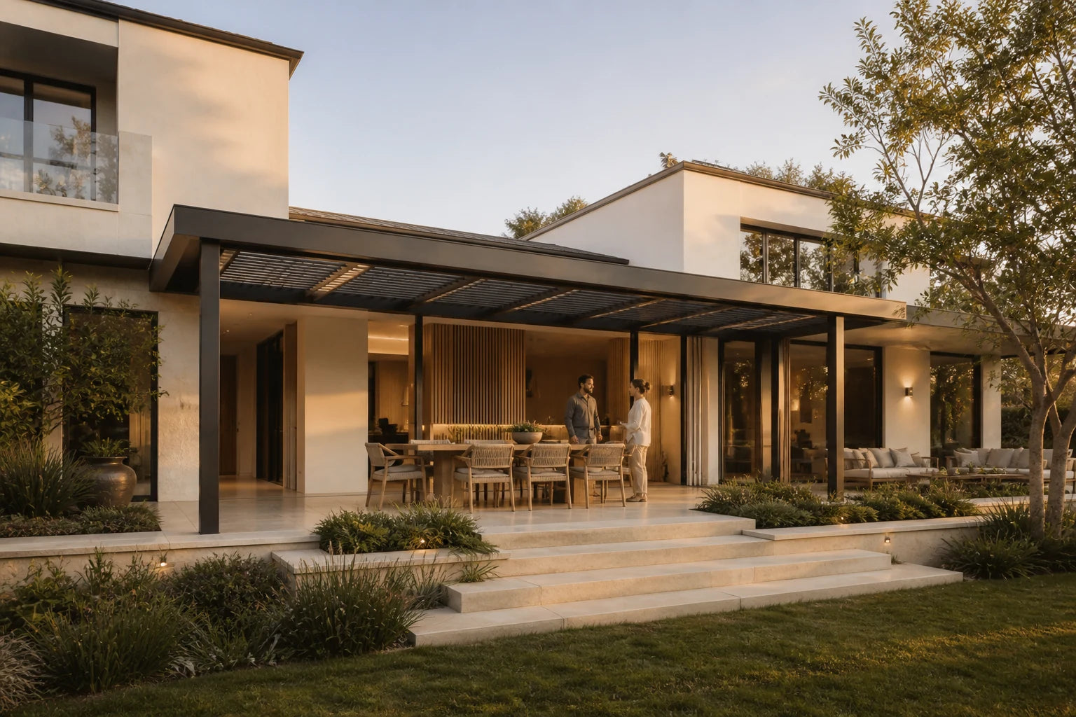 An attached outdoor room resolving several roof and doorway heights along a residence