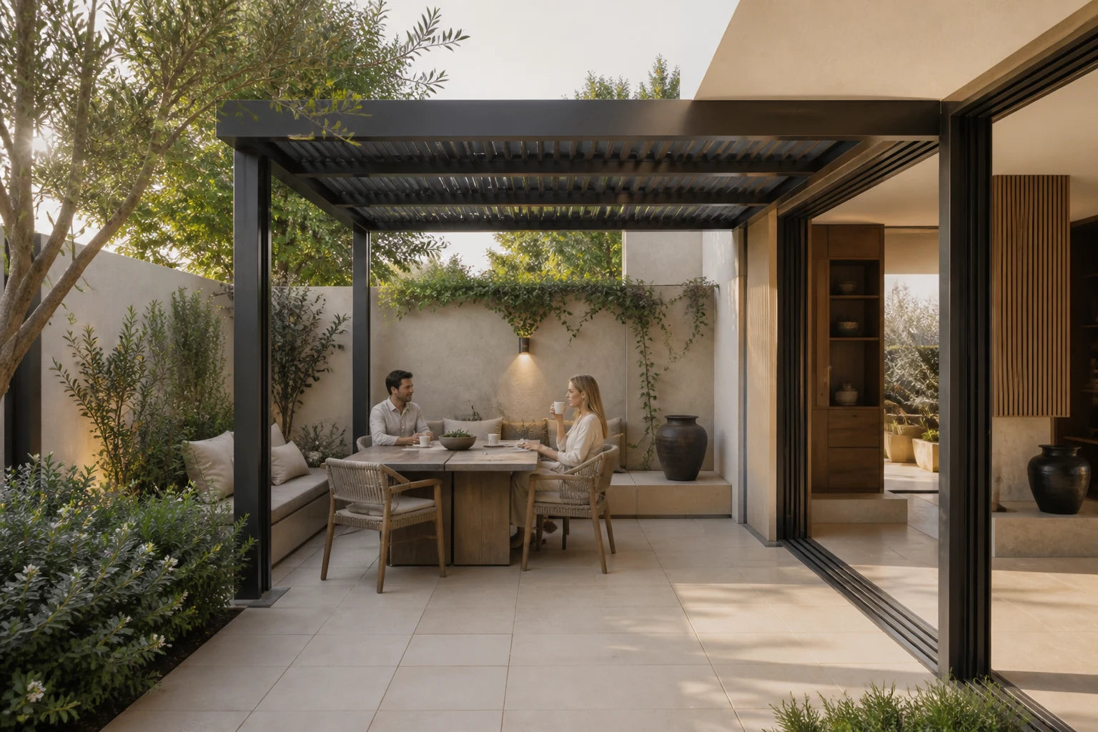 A compact garden court made useful by precise shade, furniture and circulation