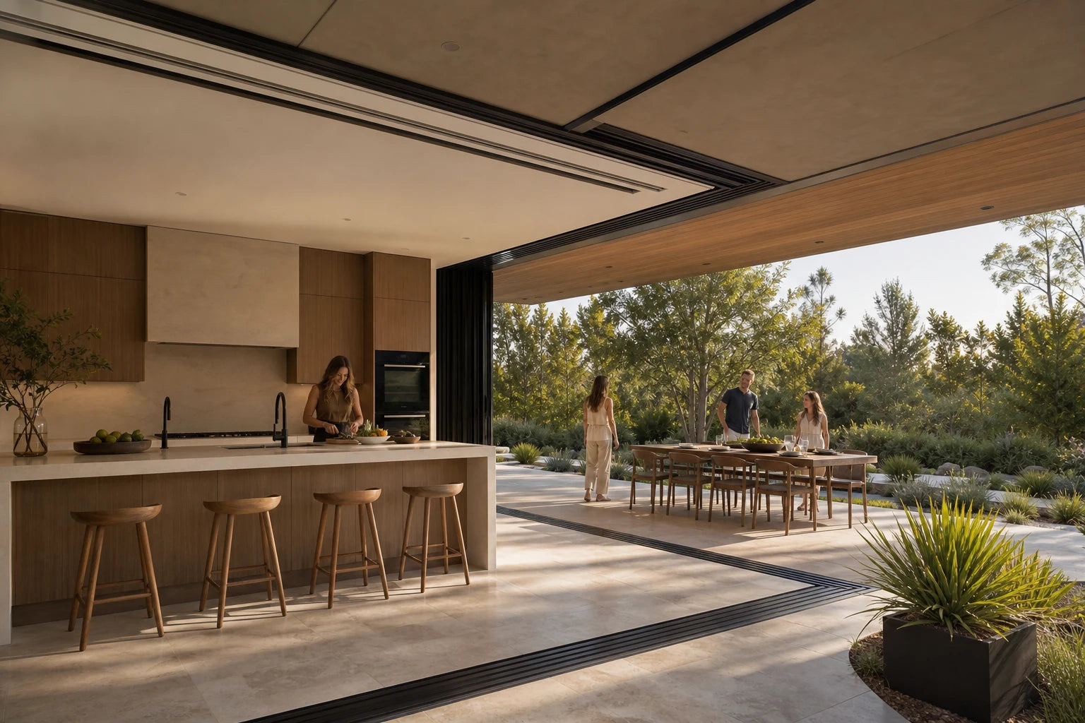 Dinner moving through an open glass boundary to the terrace