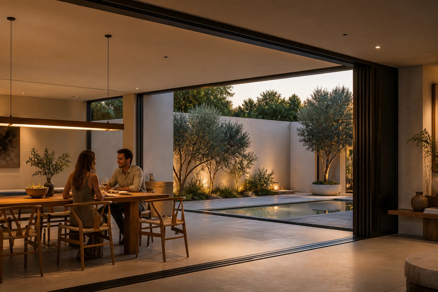 A protected quiet room keeping a broad garden view through glass