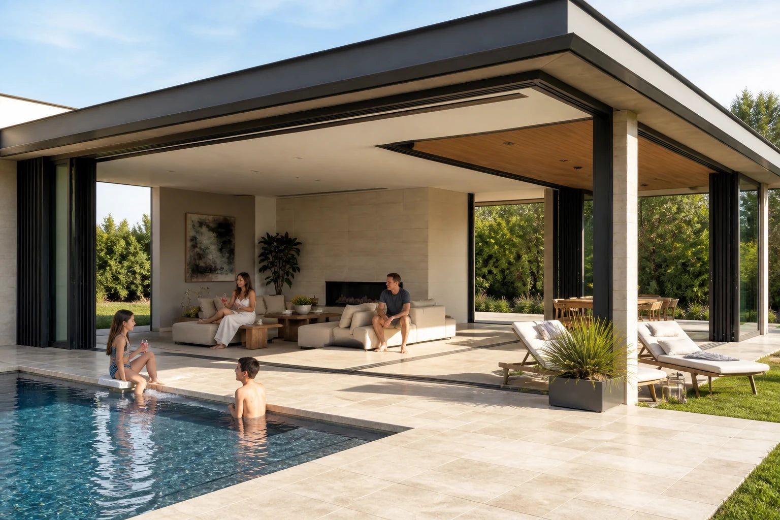An open glass wall connecting the pool with the living room