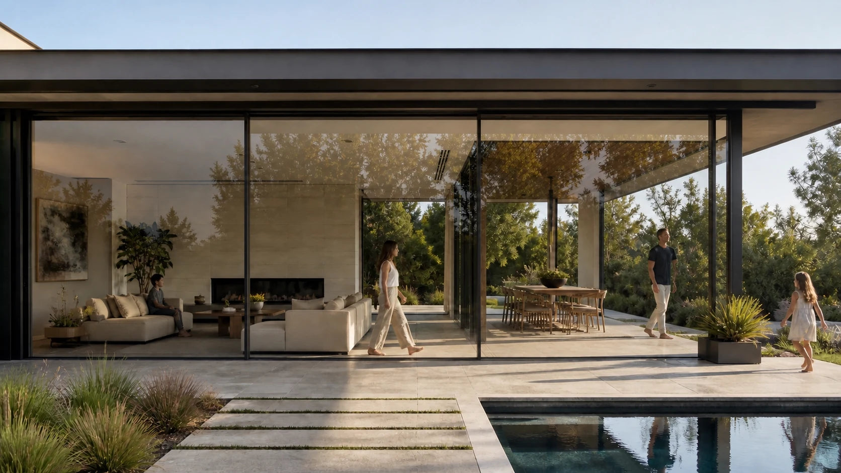 The same broad residential opening closed behind a clear glass edge