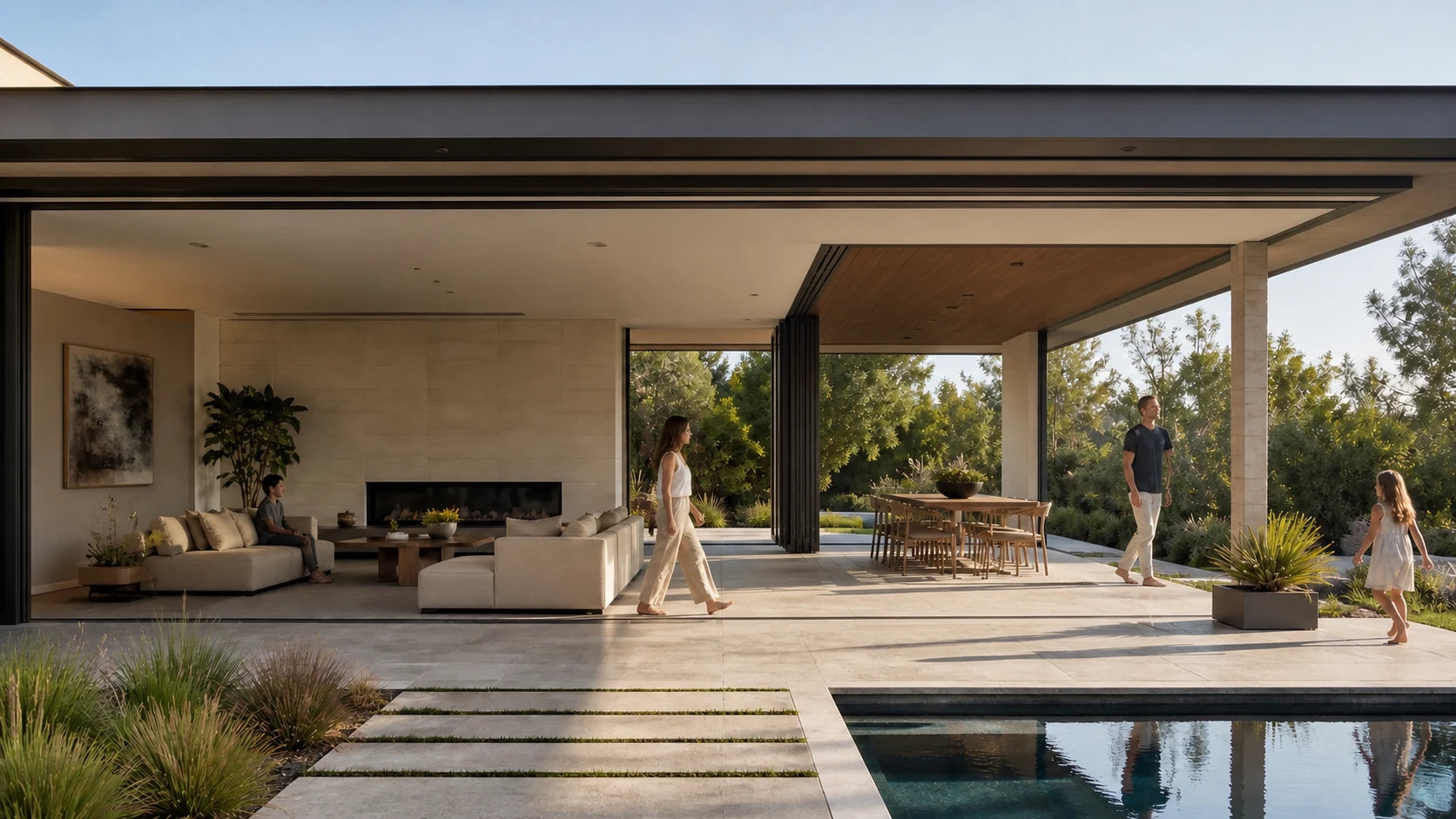 The same residential opening broadly open between interior and pool terrace