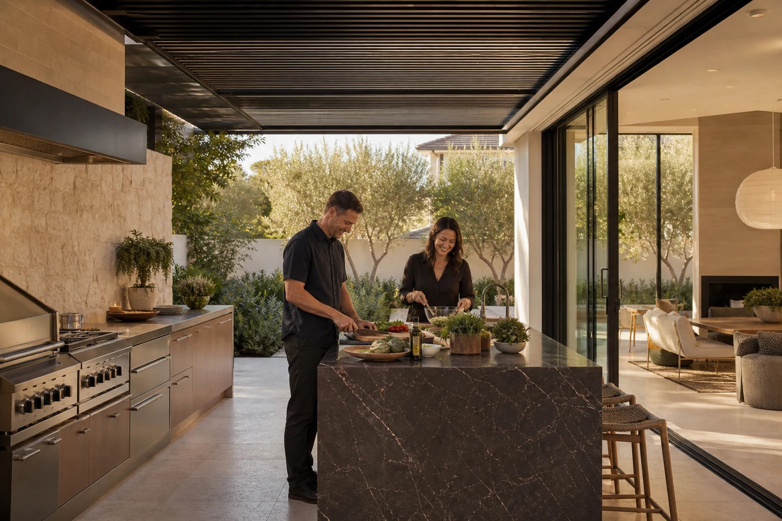 A host preparing food with storage and the route from home within easy reach
