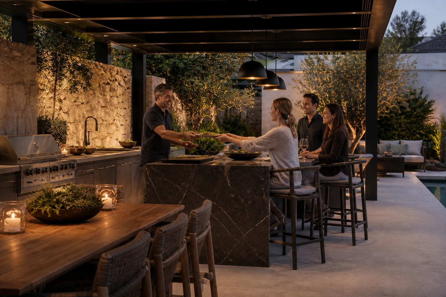 Food moving naturally from the outdoor kitchen to table and lounge