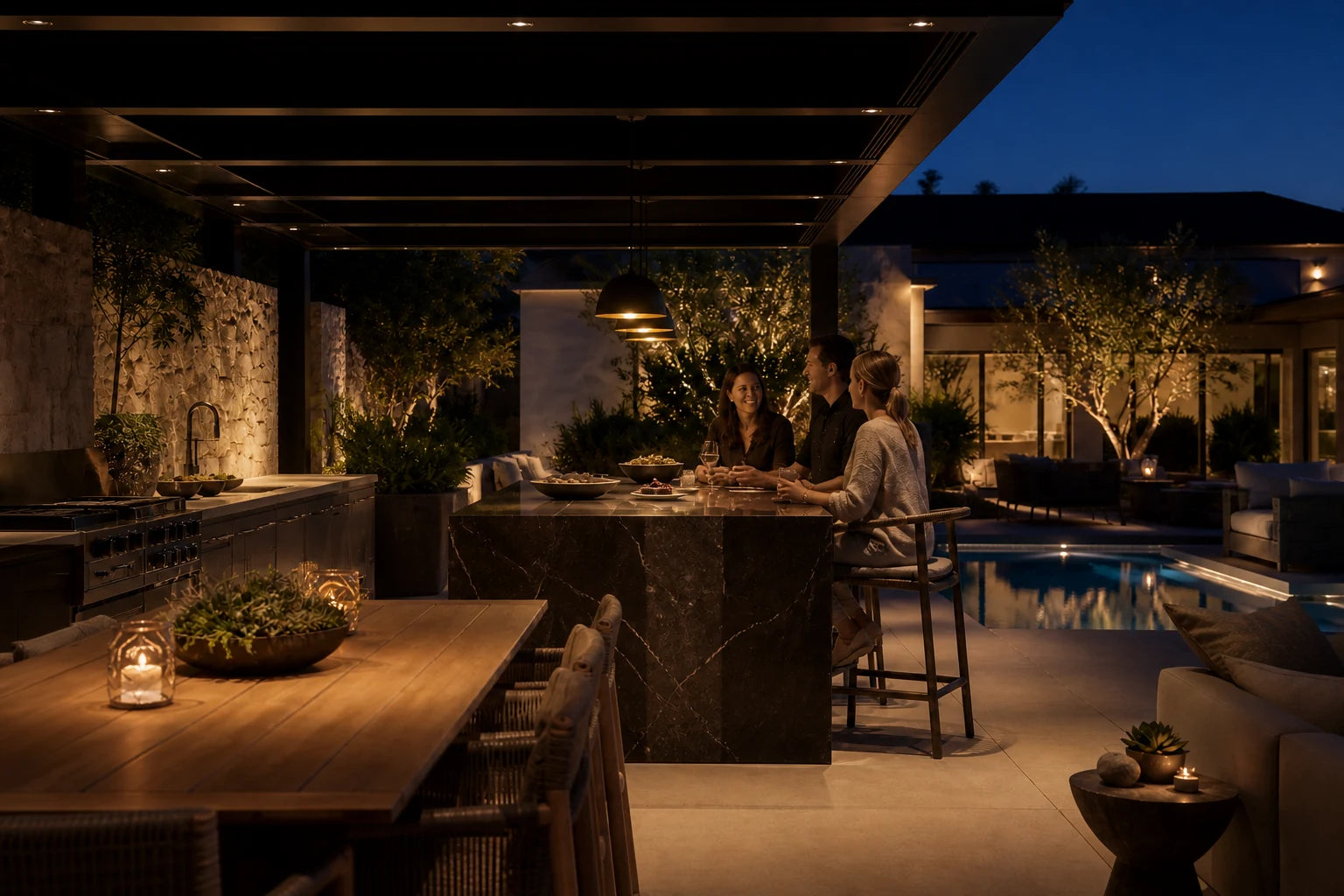 Guests and host gathering around the illuminated outdoor kitchen after cooking
