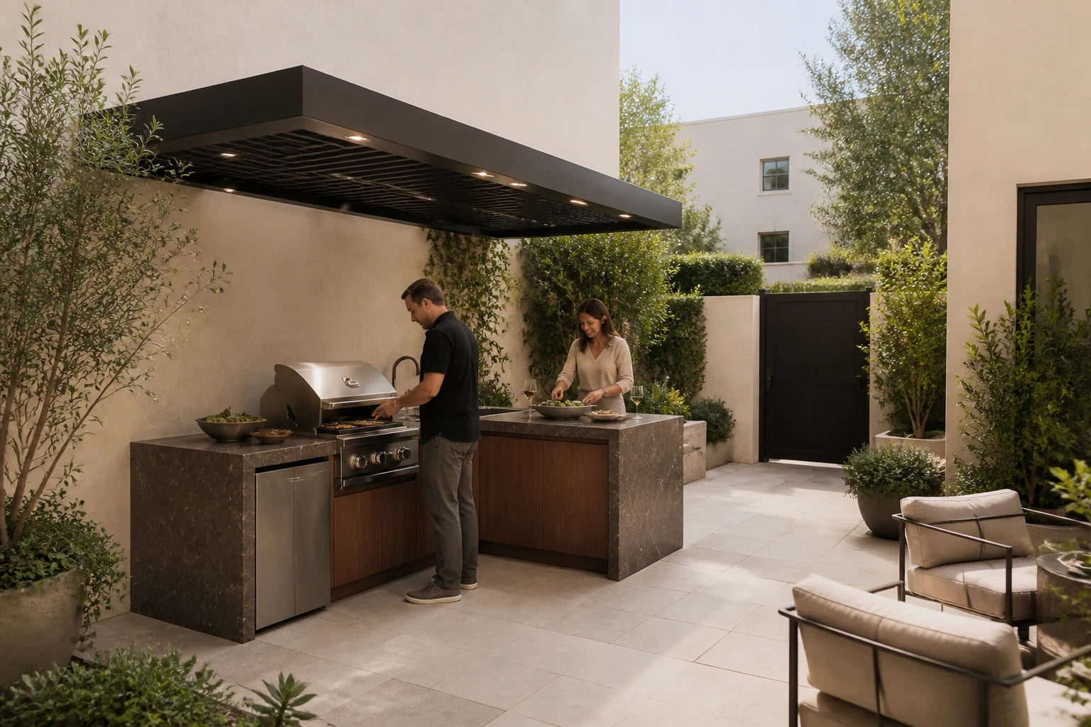 An outdoor kitchen along the home keeping everyday service close