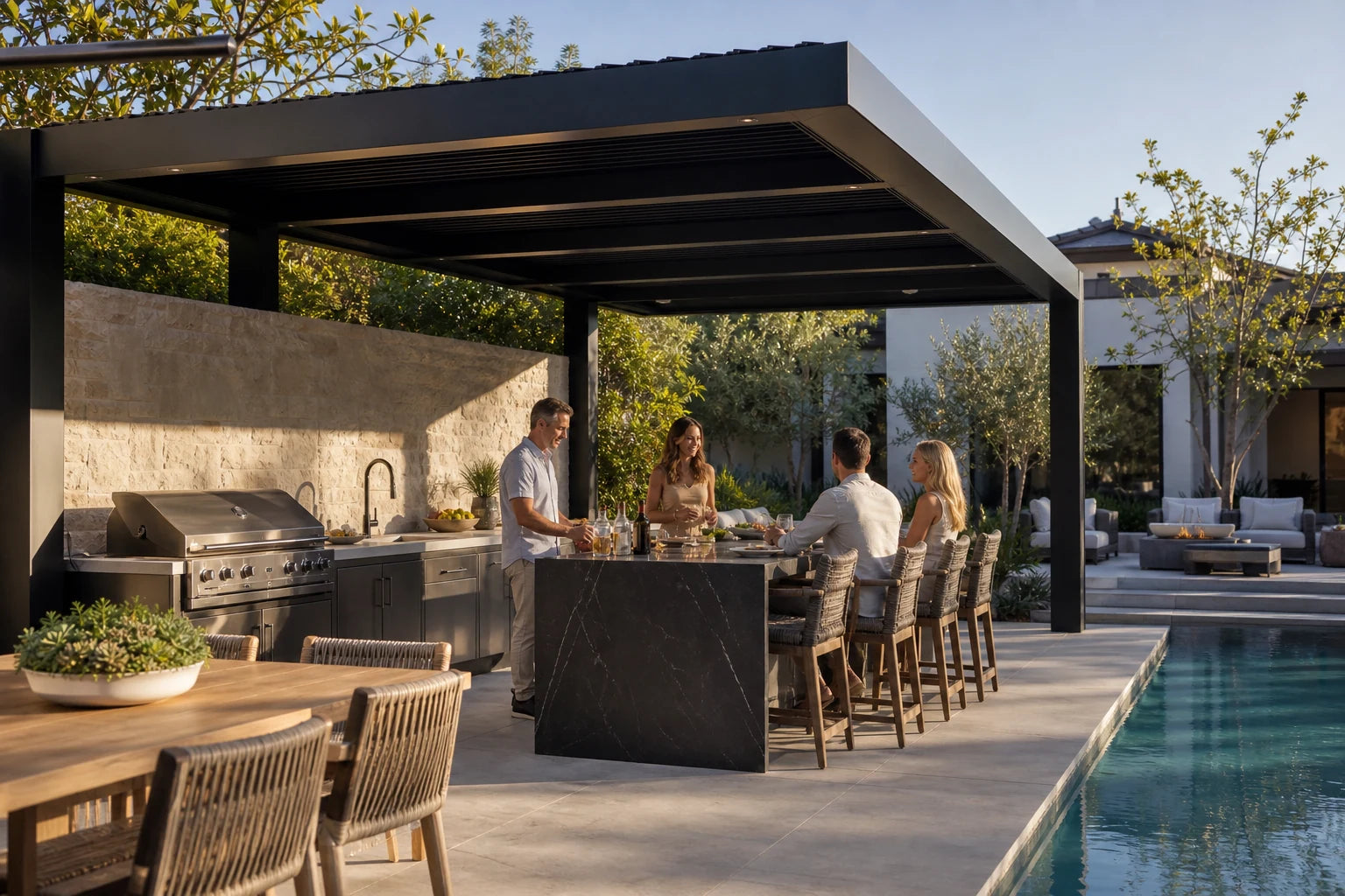 A complete poolside kitchen pavilion supporting a day away from the house