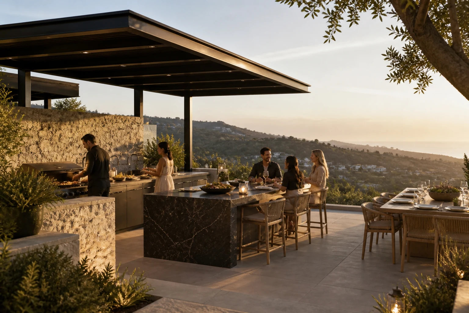 A complete outdoor kitchen supporting cooking, storage and longer events
