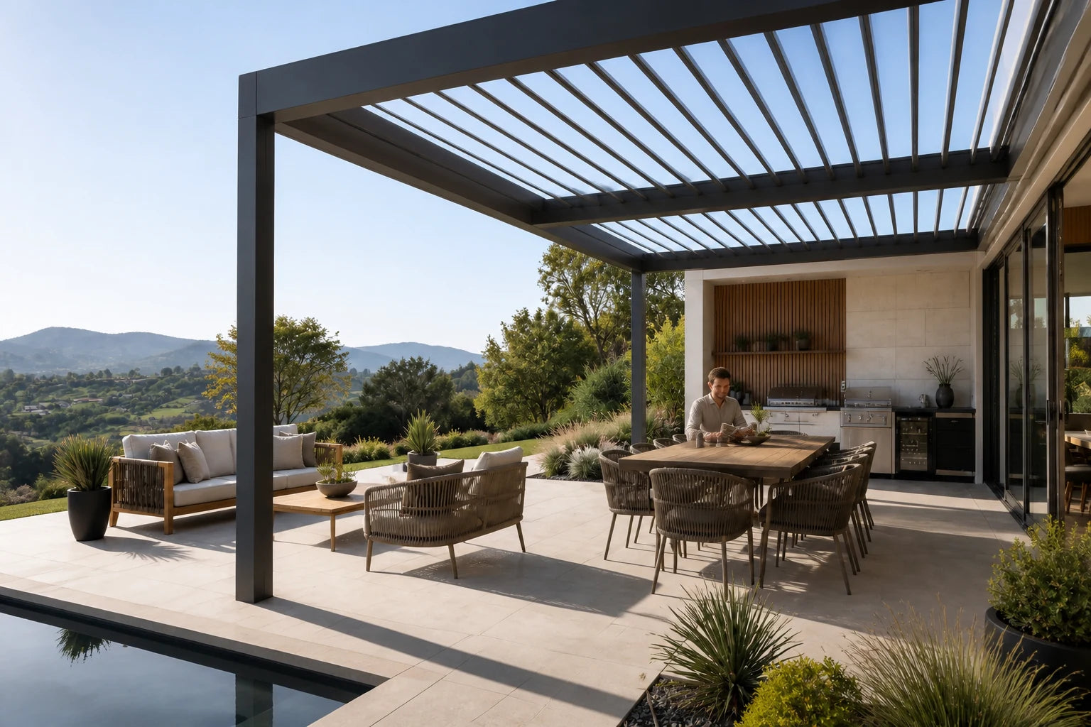A louvered courtyard keeping generous morning light