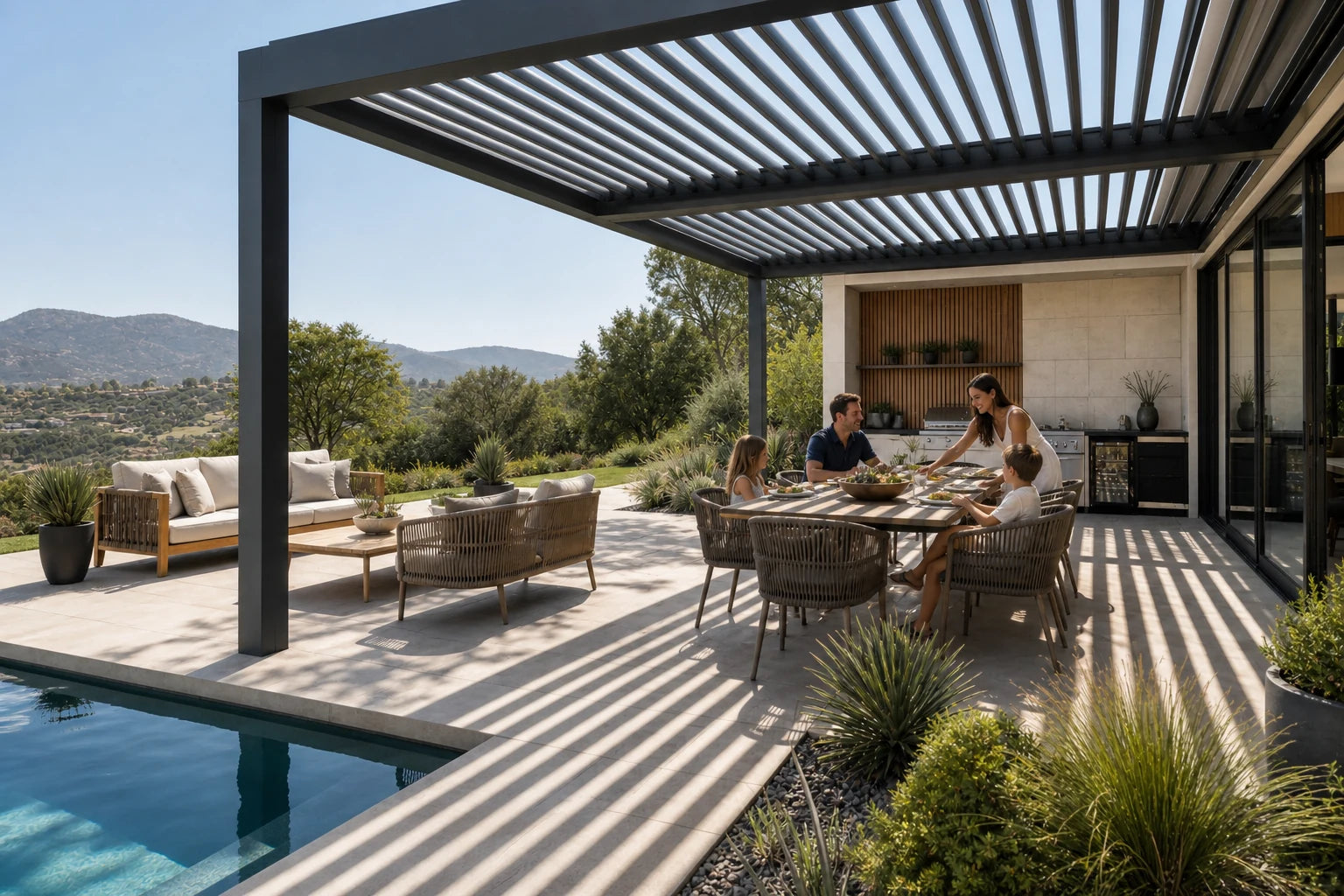 A west-facing louvered pool room directing late afternoon shade