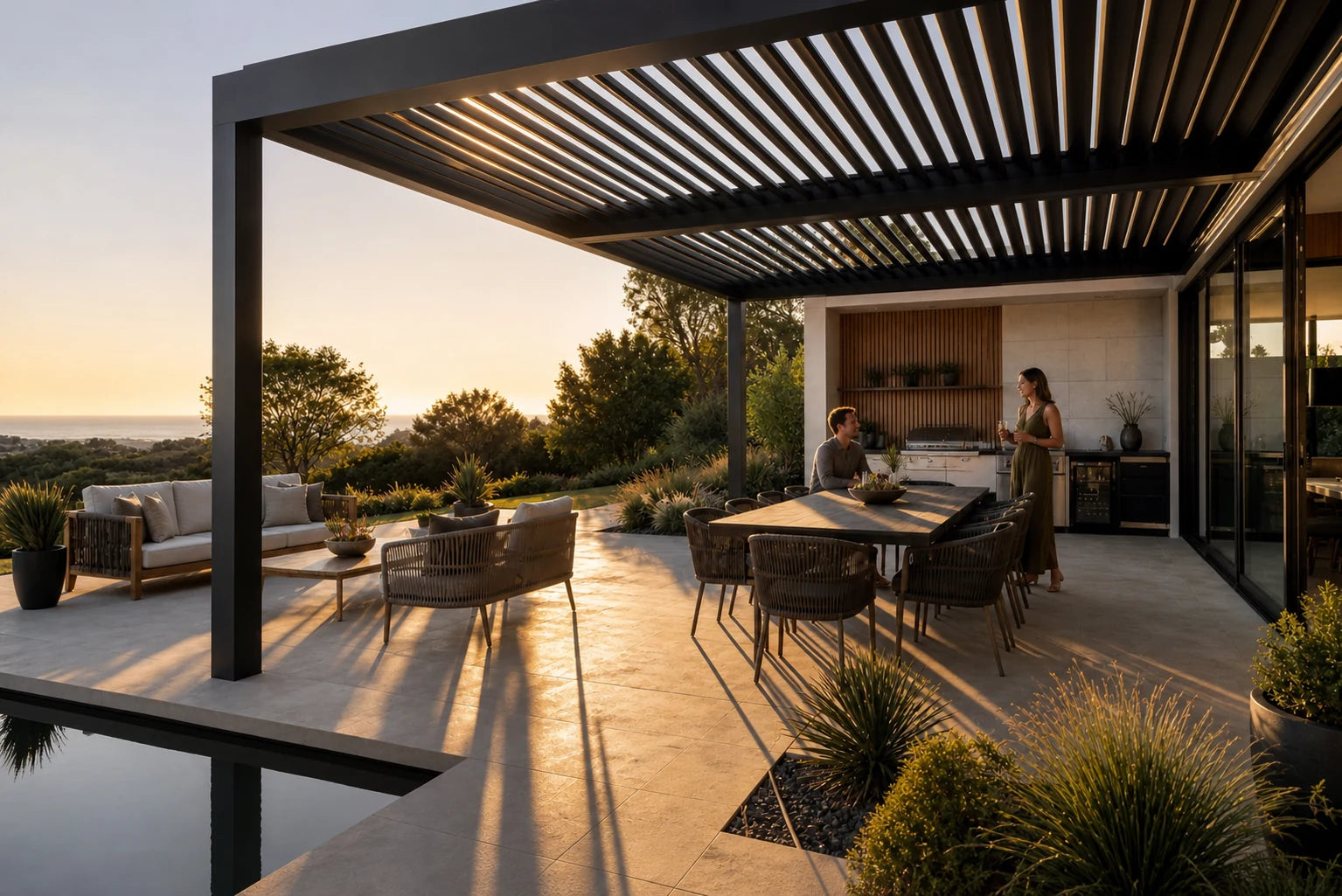 A coastal louvered room balancing an open edge with evening comfort
