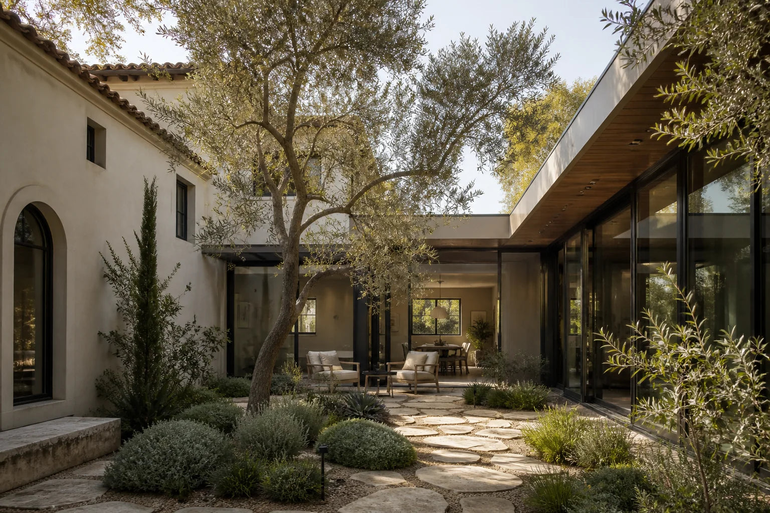 Original and new wings enclosing a protected olive-tree courtyard