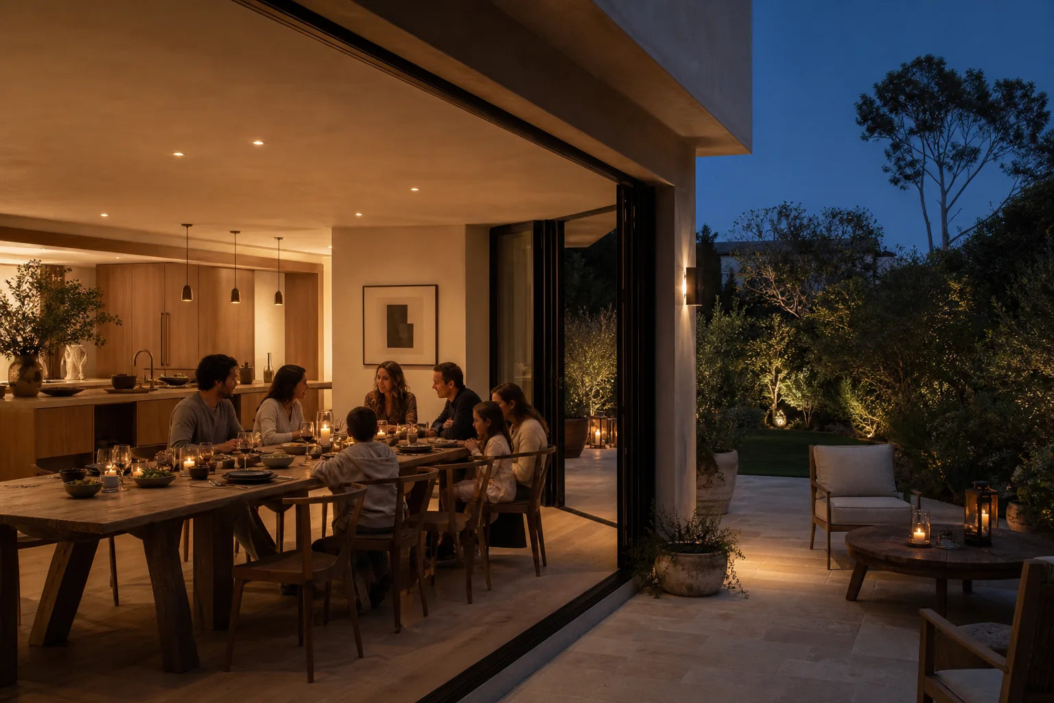Family and friends gathering for dinner as the new room opens to the garden at blue hour