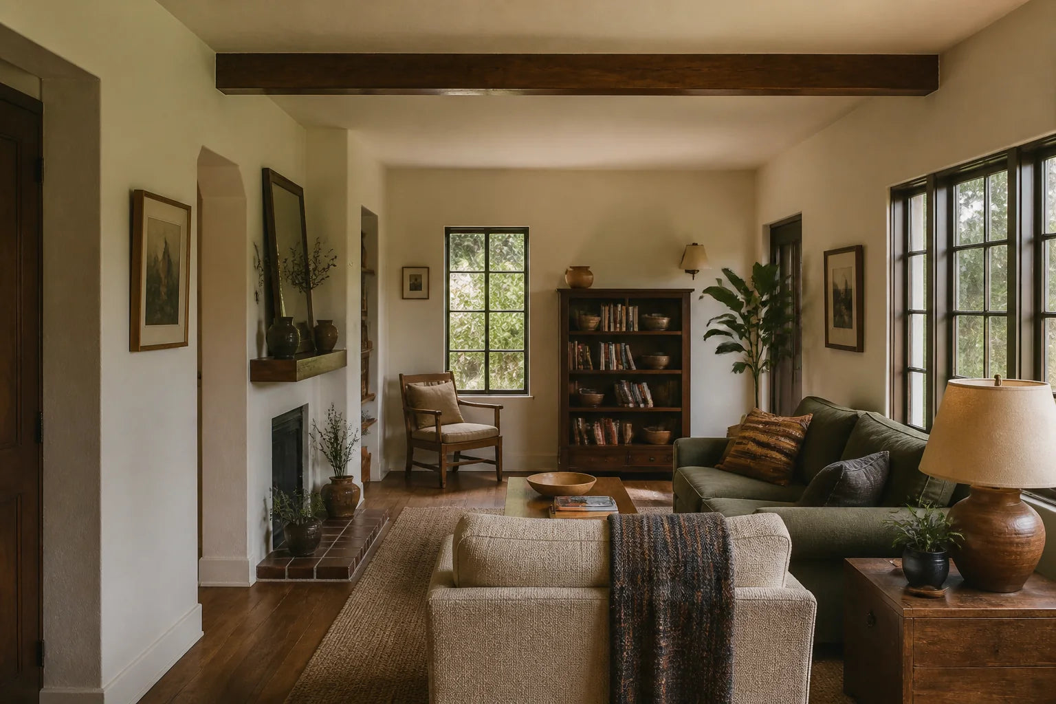 An existing California living room whose rear edge and circulation reveal opportunities for an addition