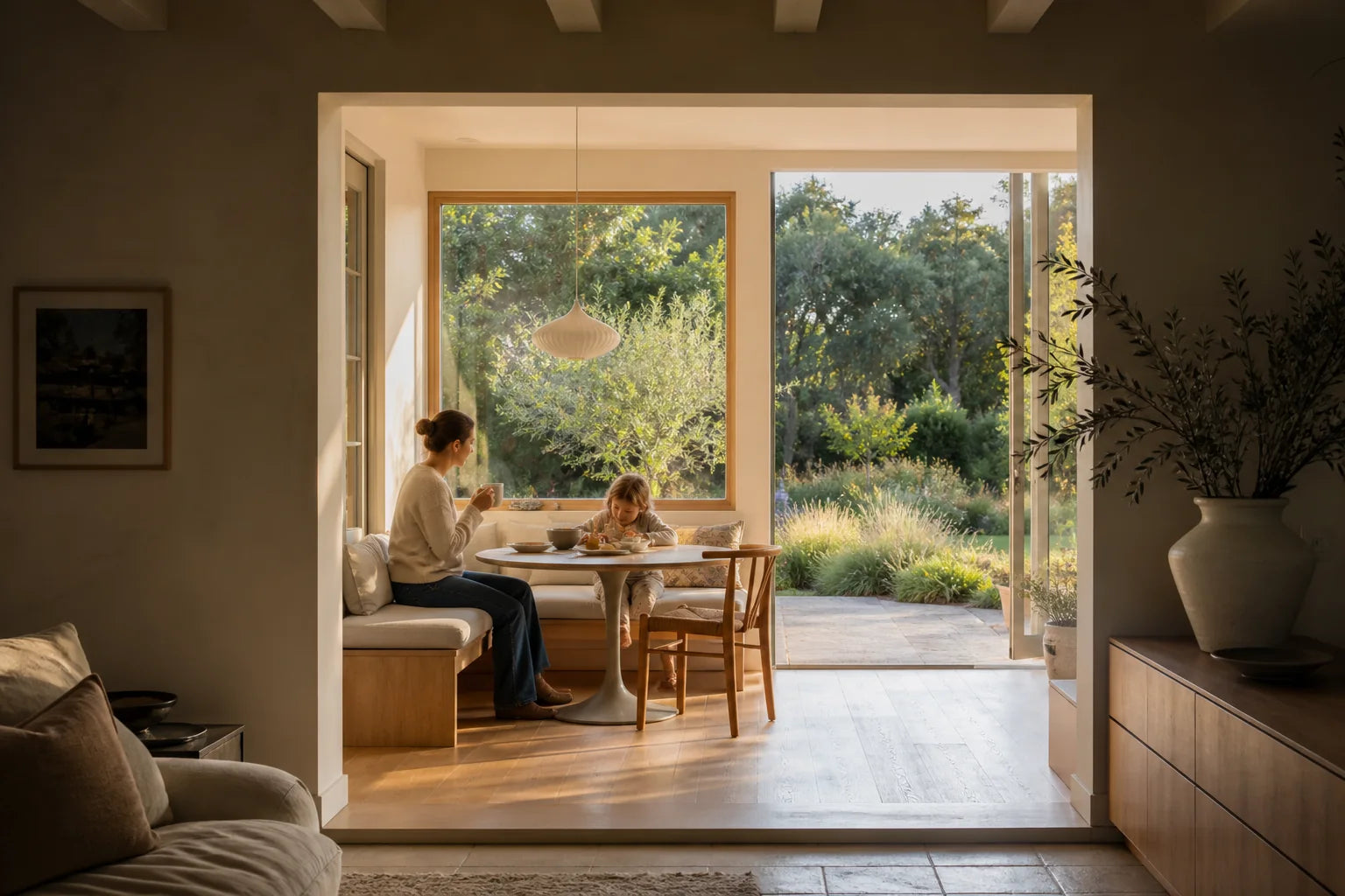 A parent and child sharing breakfast in morning light at the garden edge