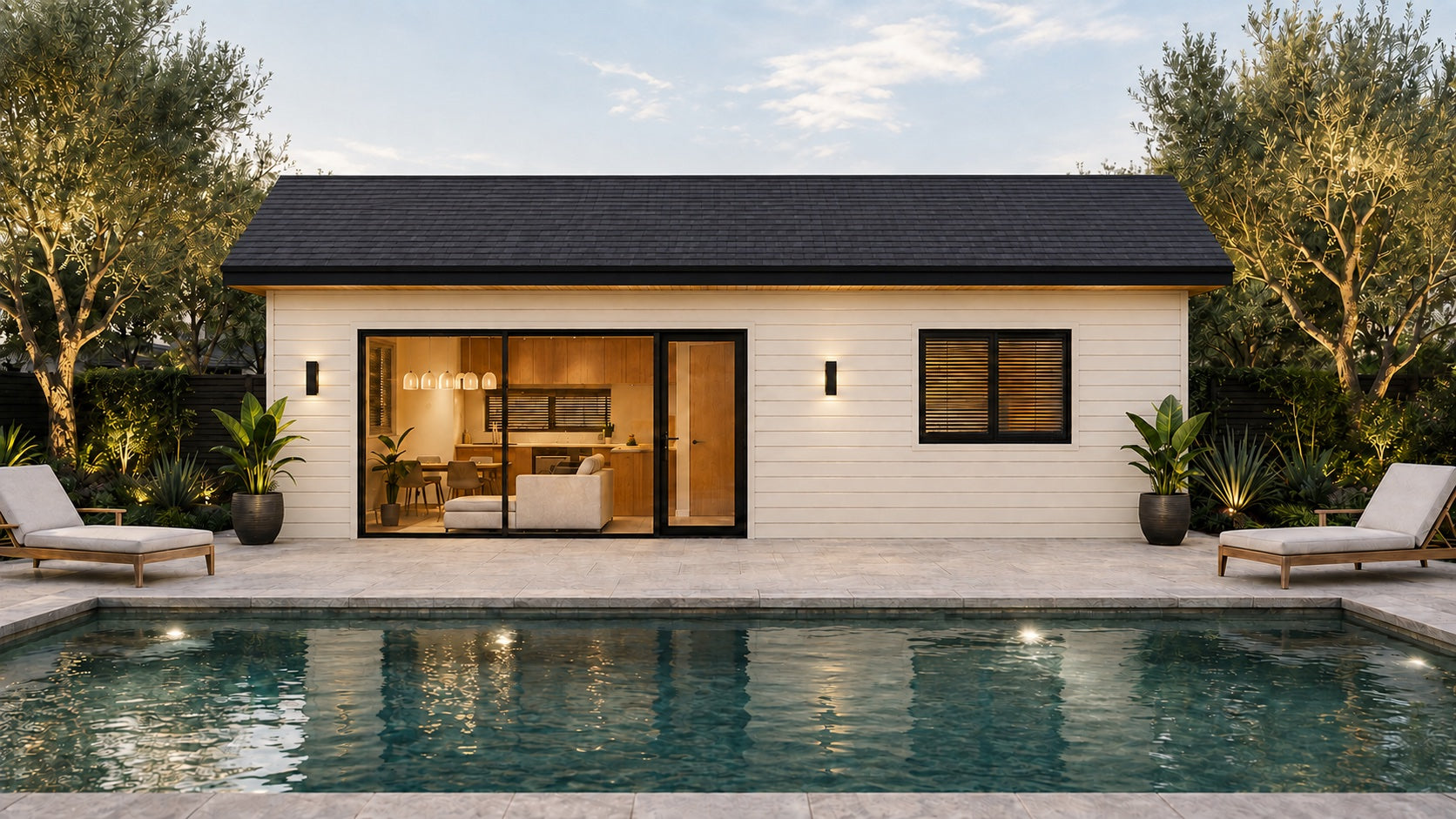 Exterior concept for the 2B650 two-bedroom ADU; pool and landscaping shown are illustrative