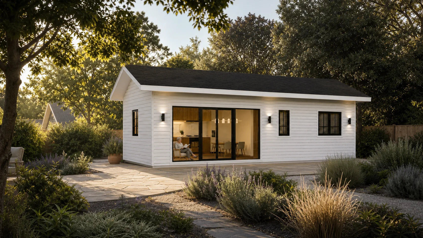 One-bedroom backyard ADU in a mature California garden with independent living inside