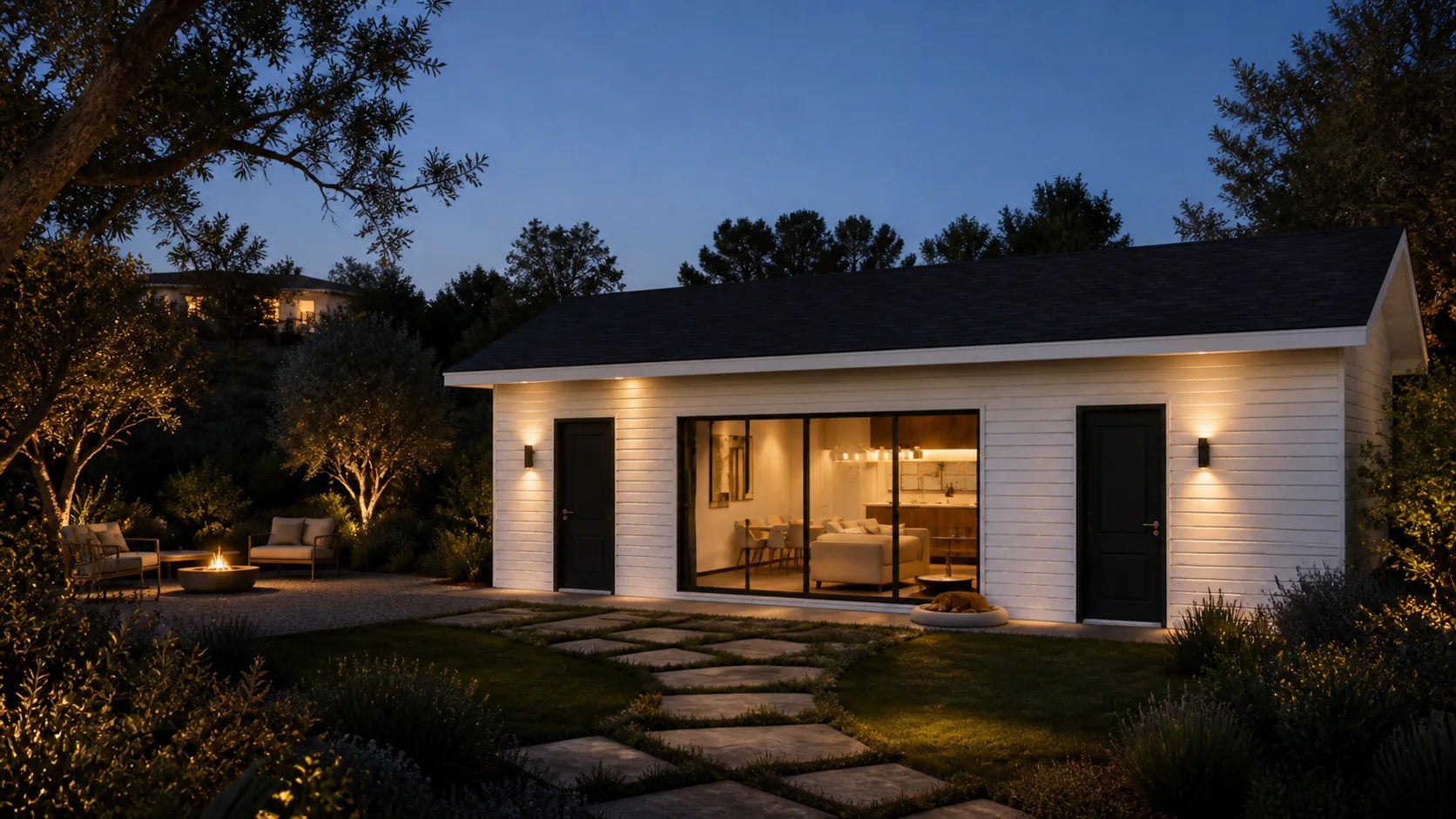 Two-bedroom backyard home in a mature California garden at blue hour