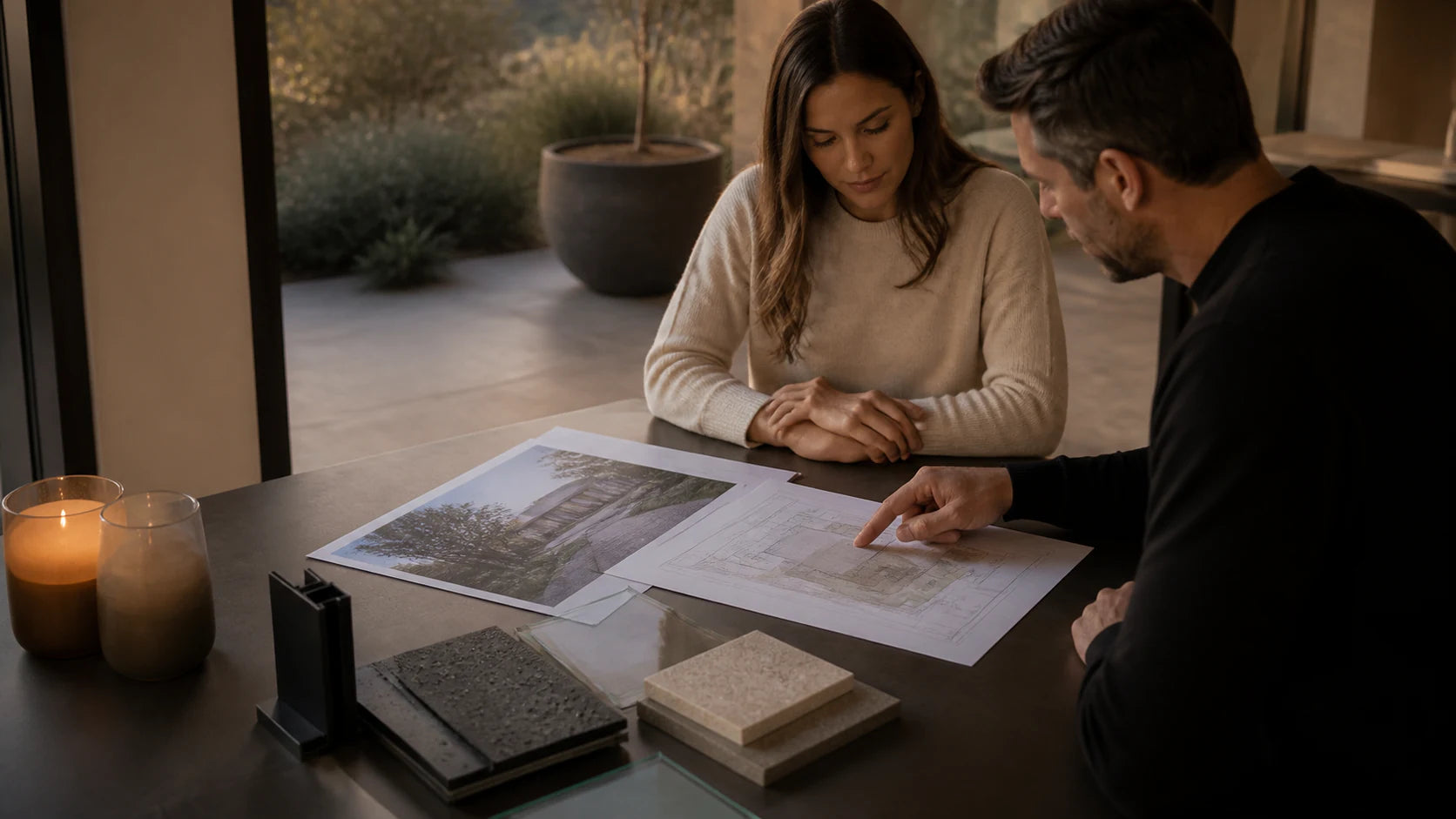 A homeowner reviewing architectural drawings and material samples with a Sanluce design consultant