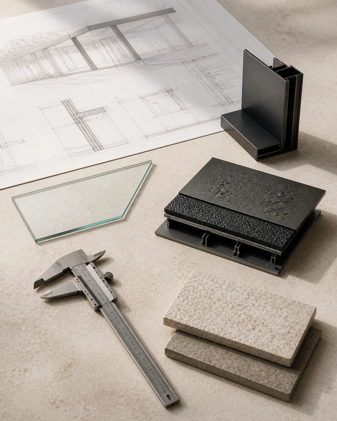 Architectural drawings, aluminum profiles, glazing samples and measurement tools arranged for a Sanluce project review