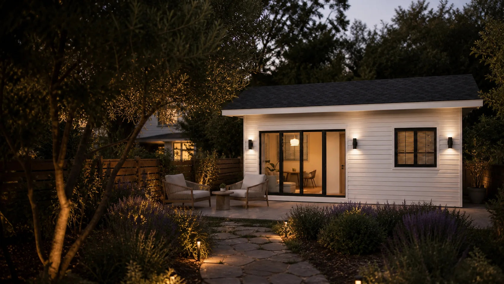 Compact guest house glowing warmly in a mature California garden at dusk