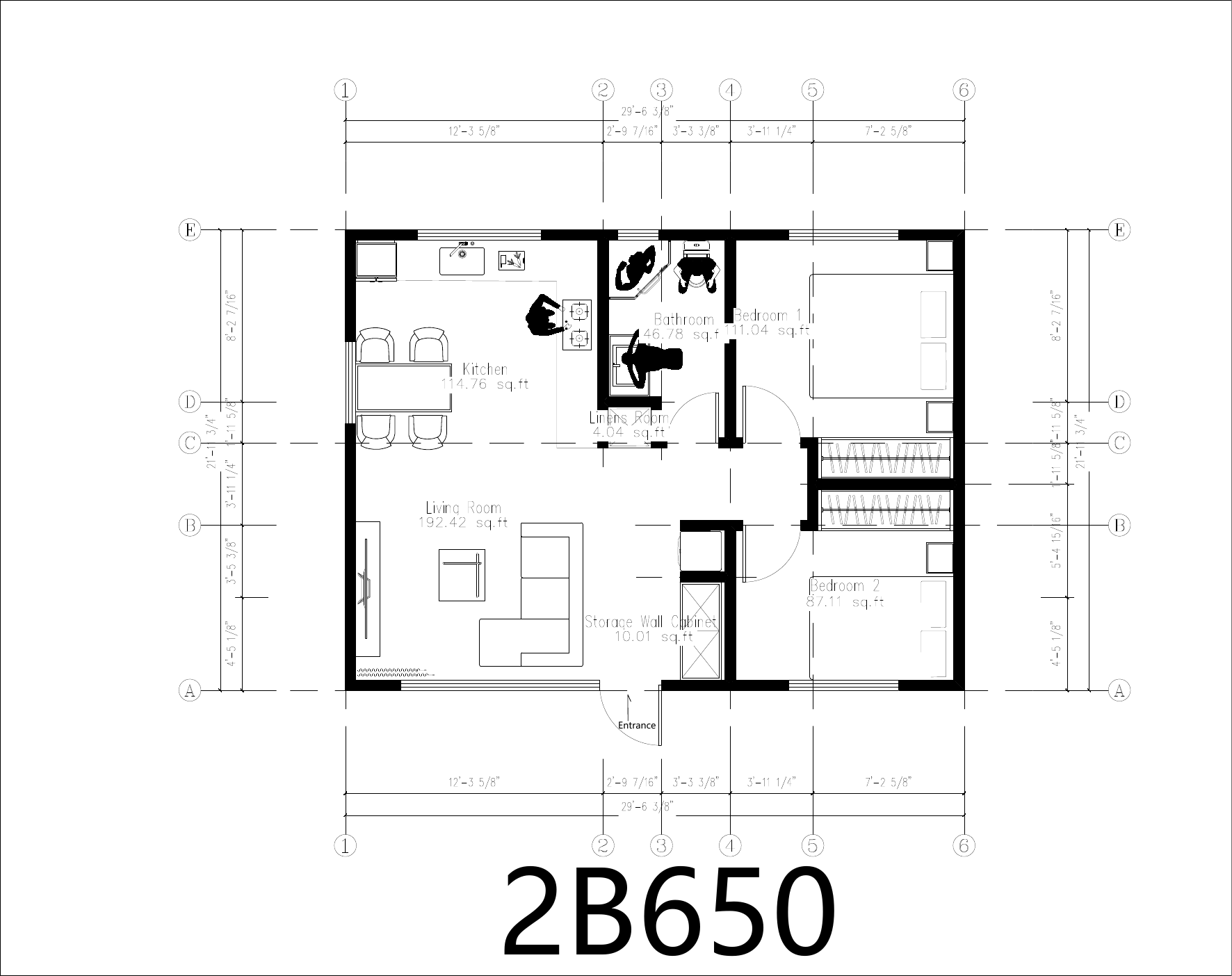 Concept floor plan for the 2B650 two-bedroom ADU