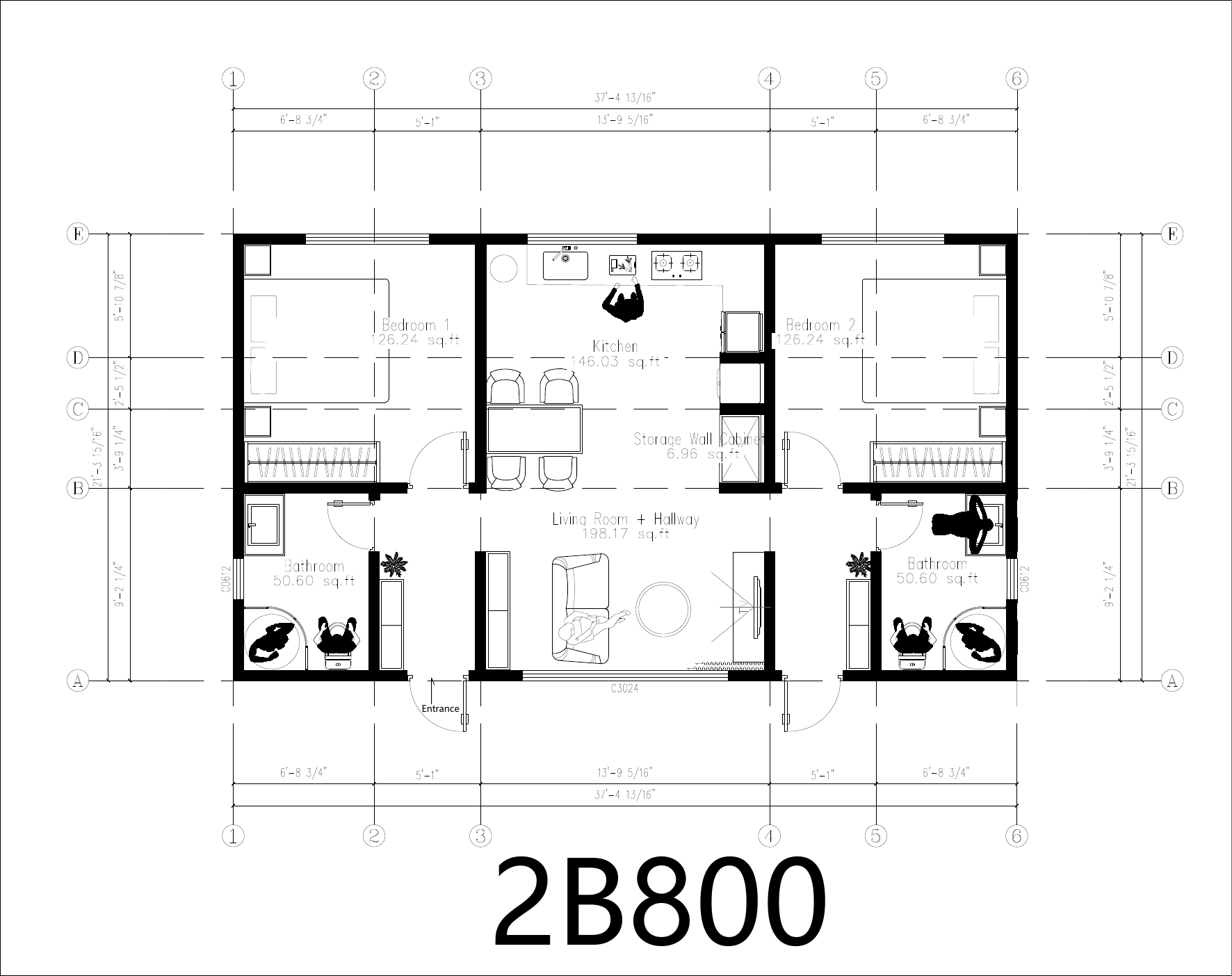 Concept floor plan for the 2B800 two-bedroom ADU