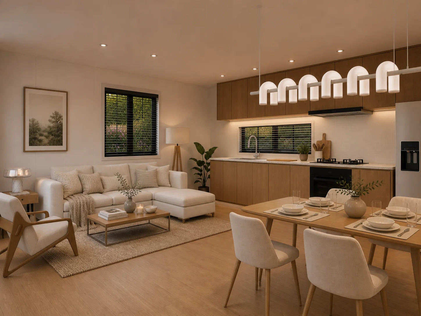 Warm open kitchen and living area inside a one-bedroom ADU concept