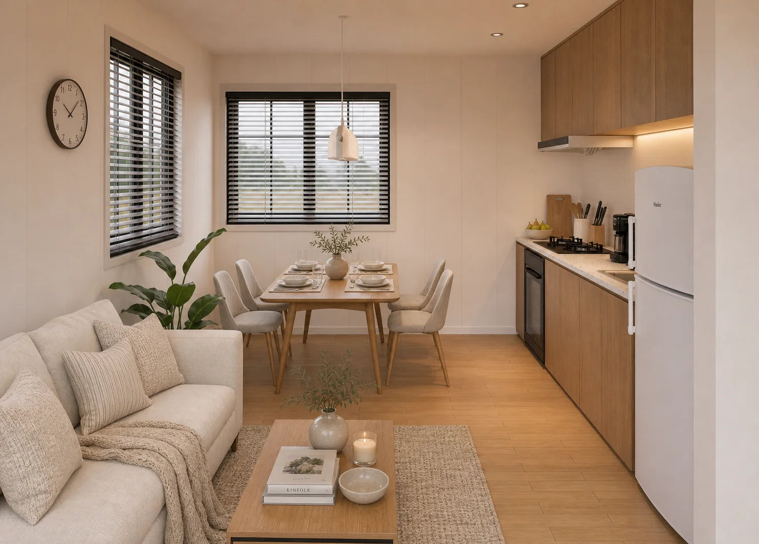 Compact kitchen, dining and living area inside a one-bedroom ADU concept