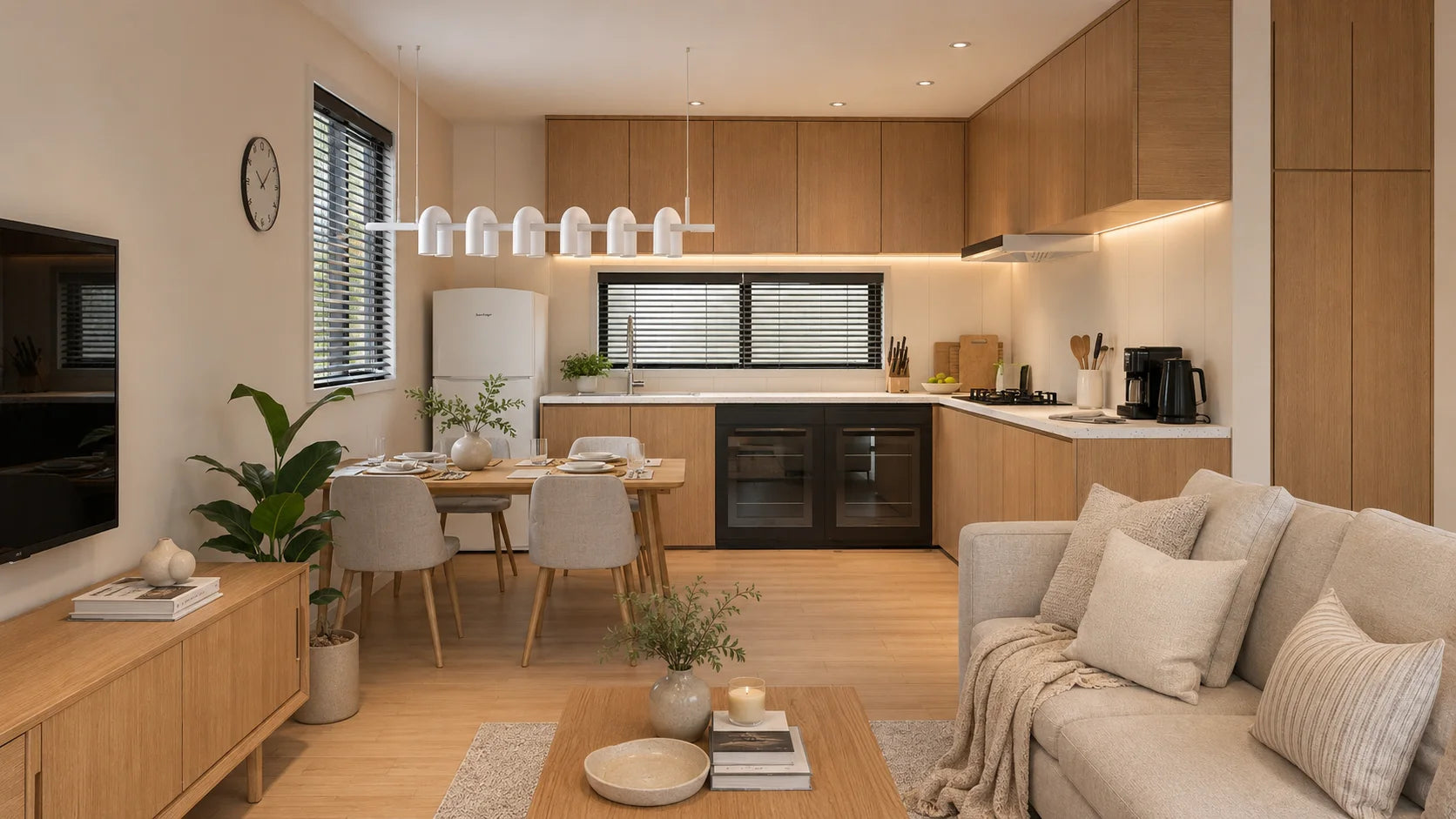 Two-bedroom backyard home kitchen and shared living space