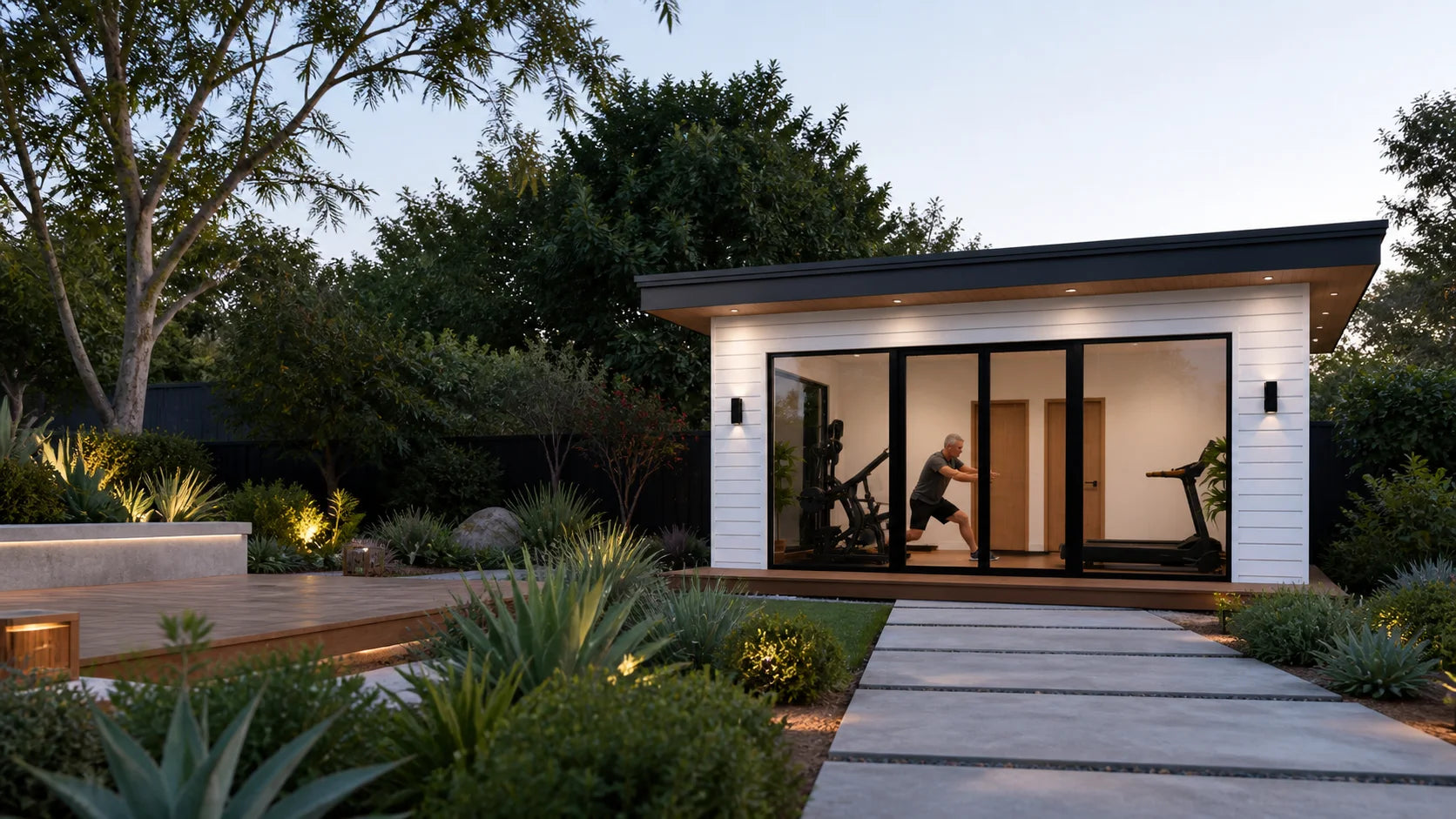 Private FT450 backyard gym in a refined California garden at dawn