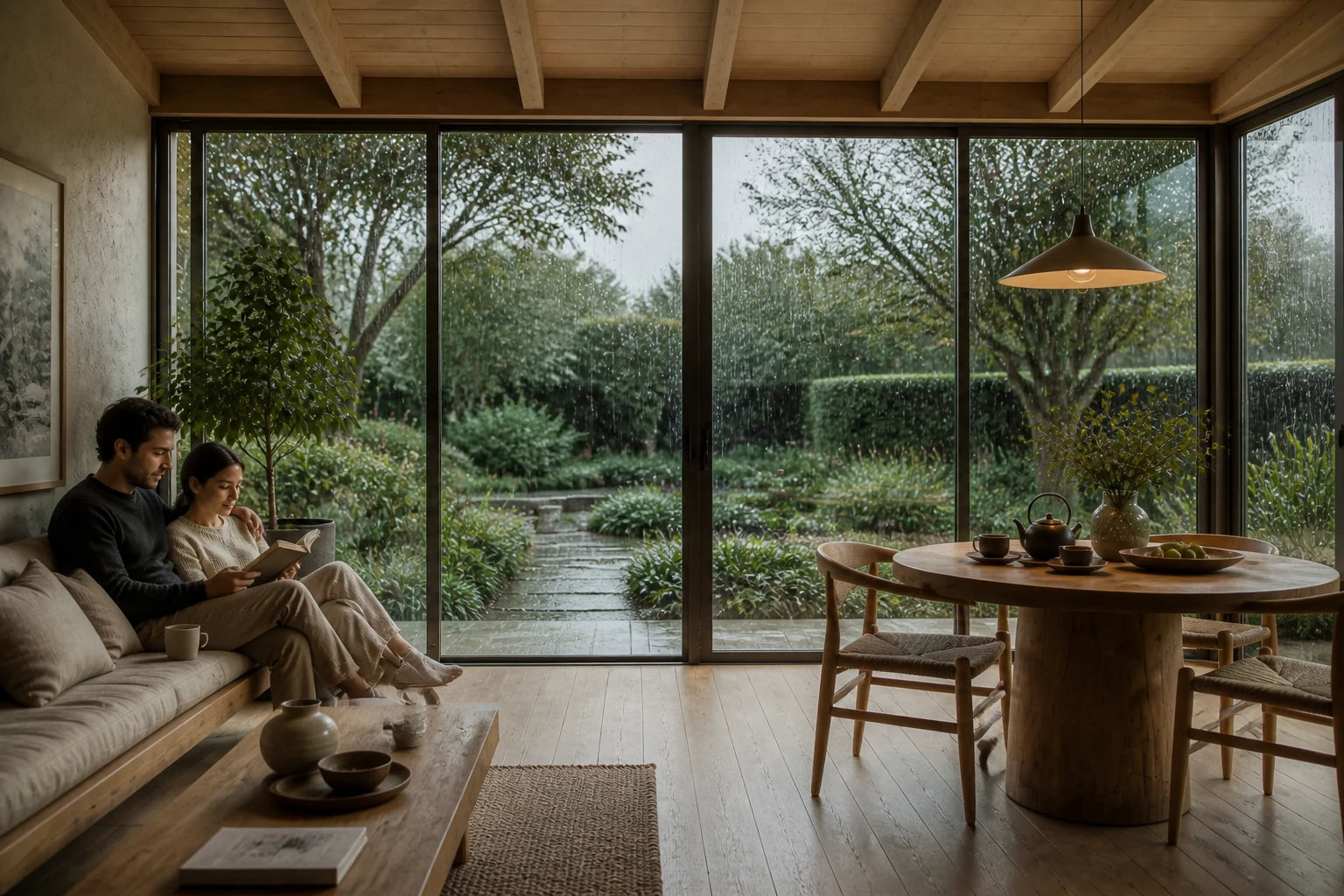 A garden room remaining usable as wind and light conditions change