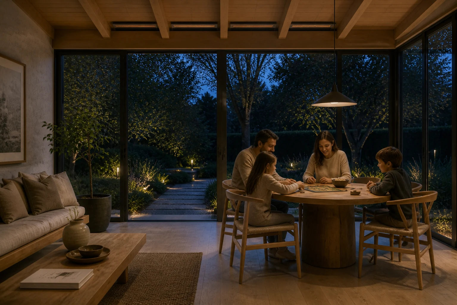 A calm garden room holding the view with warm light after dark