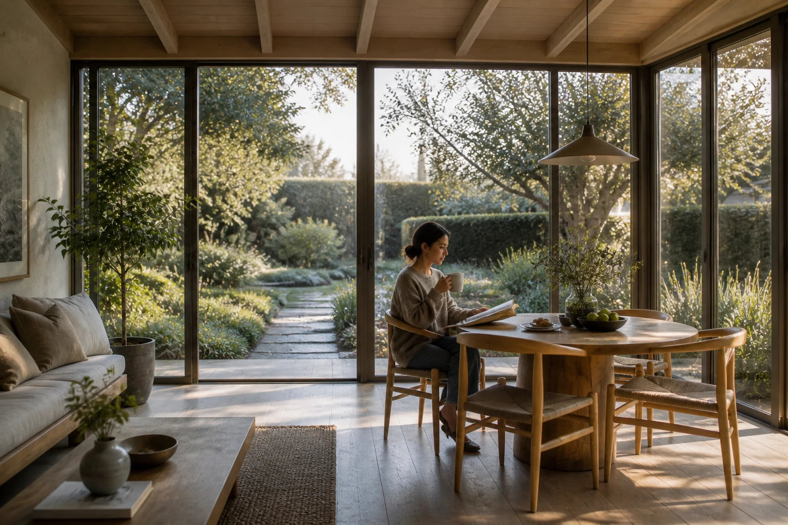 Morning light reaching a table inside a garden room