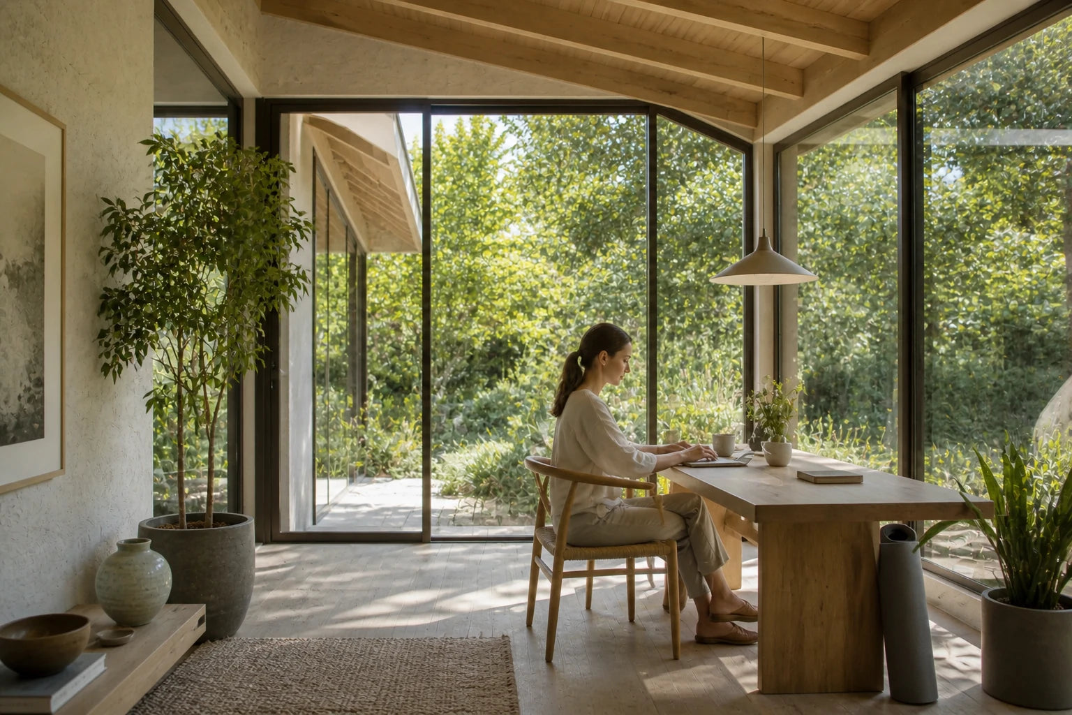 A bright sunroom filtering afternoon exposure while keeping the garden view